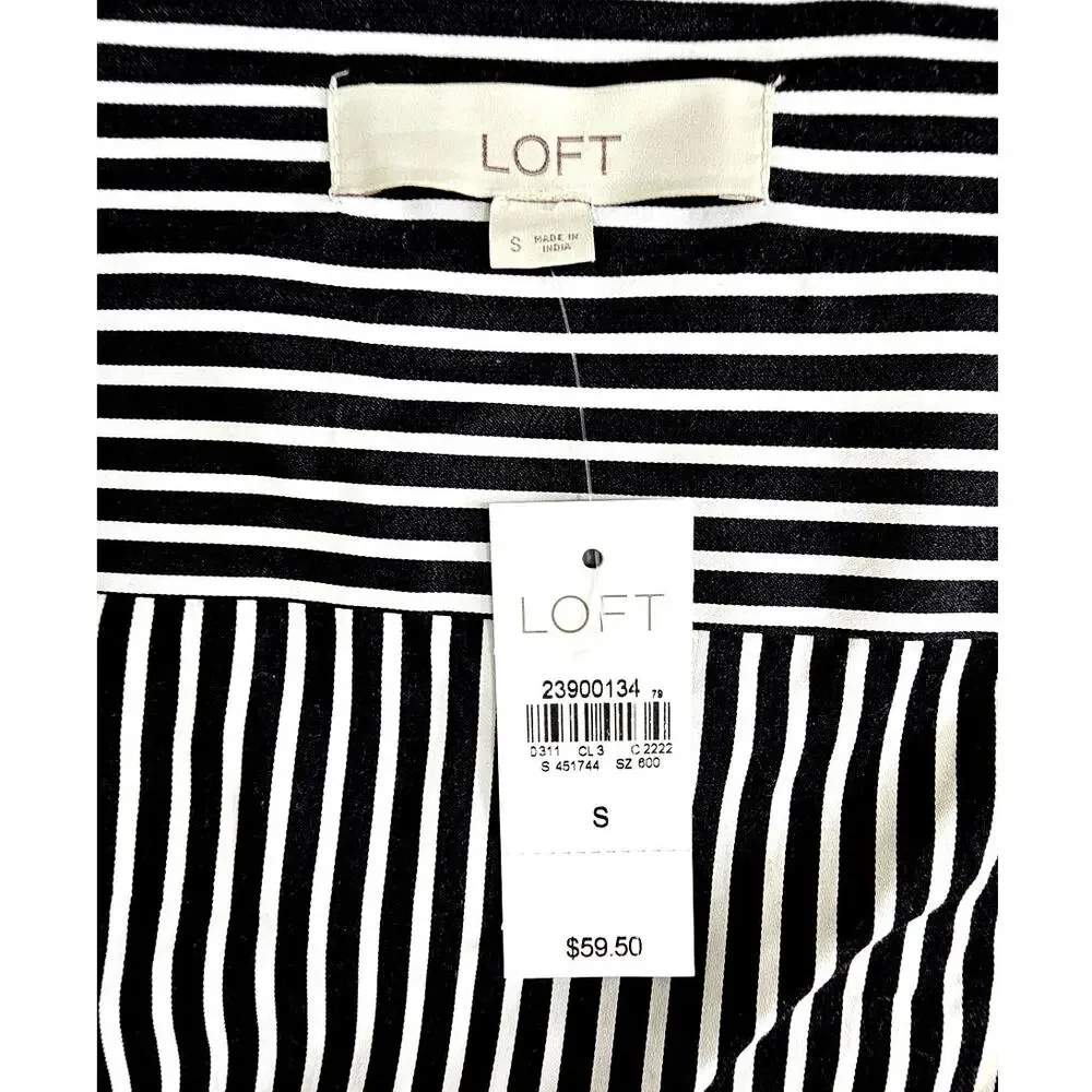 Loft Blouse Square-Neck Striped Puff Sleeve, Black & White, New w tags, Sz S